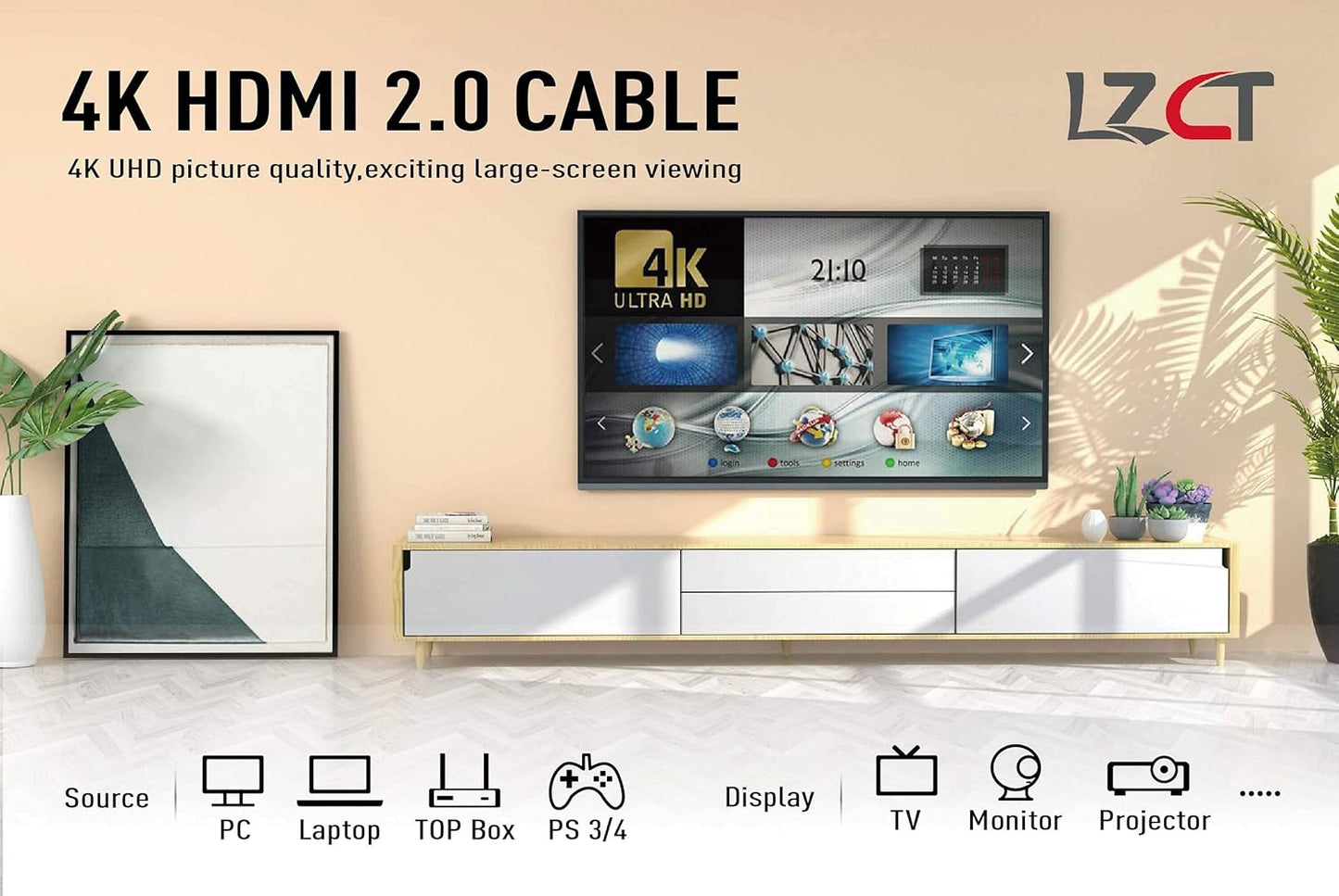 4K High Speed HDMI Cable 35FT with Ethernet HDMI Cord V2.0 Support 4K@60Hz Ultra HD 2160P 3D ARC Hdr(Length from 3' to 125') Dual Color Mould